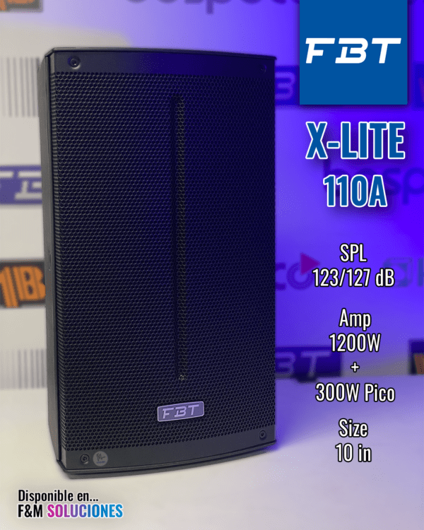 Especificaciones principales de la cabina activa fbt x-lite 110a SPL 123/127 dB Amp 1200W + 300W Pico Size 10 in