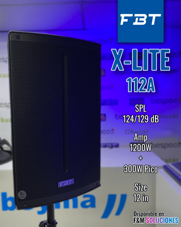 Especificaciones principales de la cabina activa fbt x-lite 112a, SPL 124/129 dB Amp 1200W + 300W Pico Size 12 in