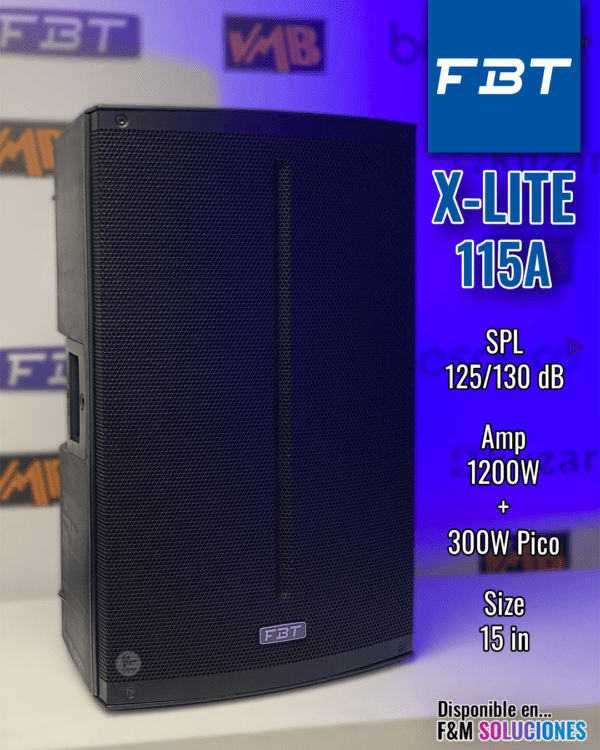 Especificaciones principales de la cabina activa fbt x-lite 115a SPL 125/130 dB Amp 1200W + 300W Pico Size 15 in