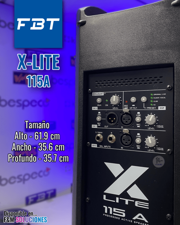 Tamaño de la cabina activa fbt x-lite 115a alto: 61.9 cm Ancho: 35.6 cm Profundo: 35.7 cm