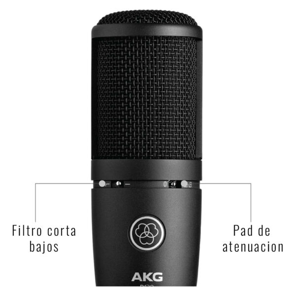 Micrófono de condensador AKG P120 modos conmutables de: filtro corta bajos y pad de atenuación